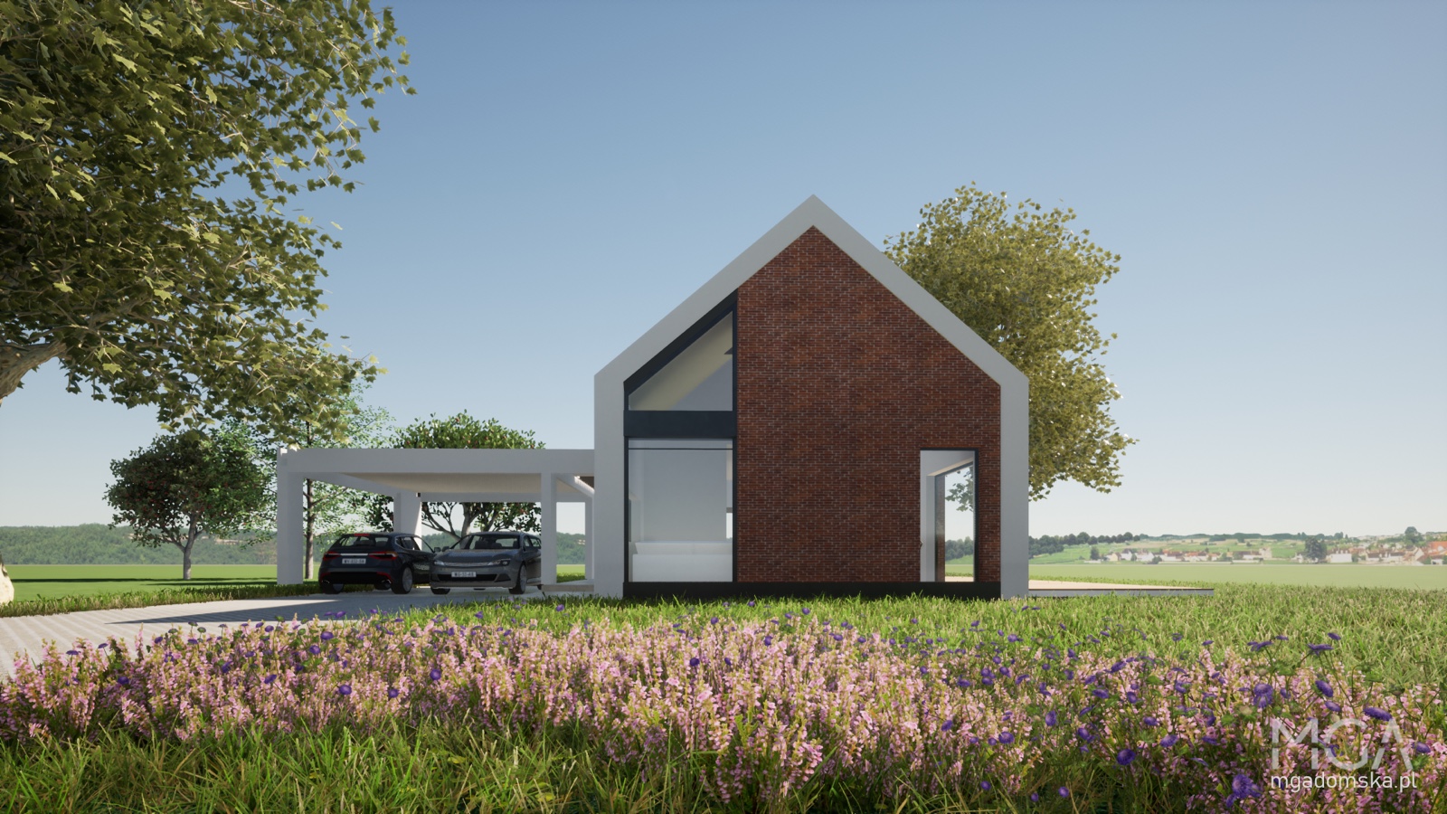 Widok z oddali na dom energooszczędny – ceglana ściana szczytowa, prosta forma, dwa auta na podjeździe, łąka na pierwszym planie