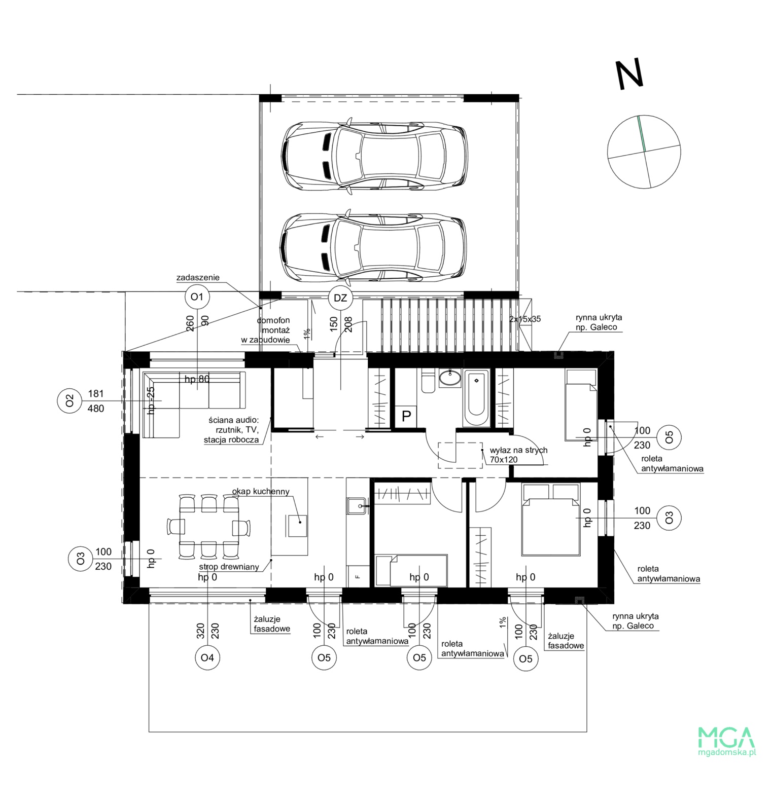 Rzut parteru domu energooszczędnego 80 m² – kuchnia z wyspą i wyjściem na taras, jadalnia z dużym stołem, strefa wypoczynkowa, garderoba ze spiżarnią