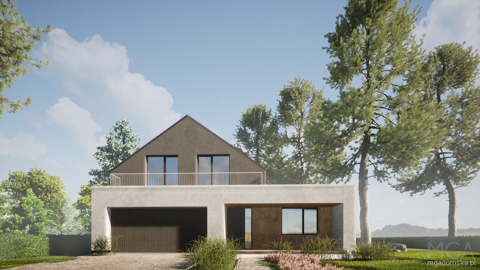 Frontowa część domu z brukowanym podjazdem i bramą garażową w betonowym parterze – długi balkon z minimalistyczną balustradą, wejście wnękowe z drewnianą okładziną