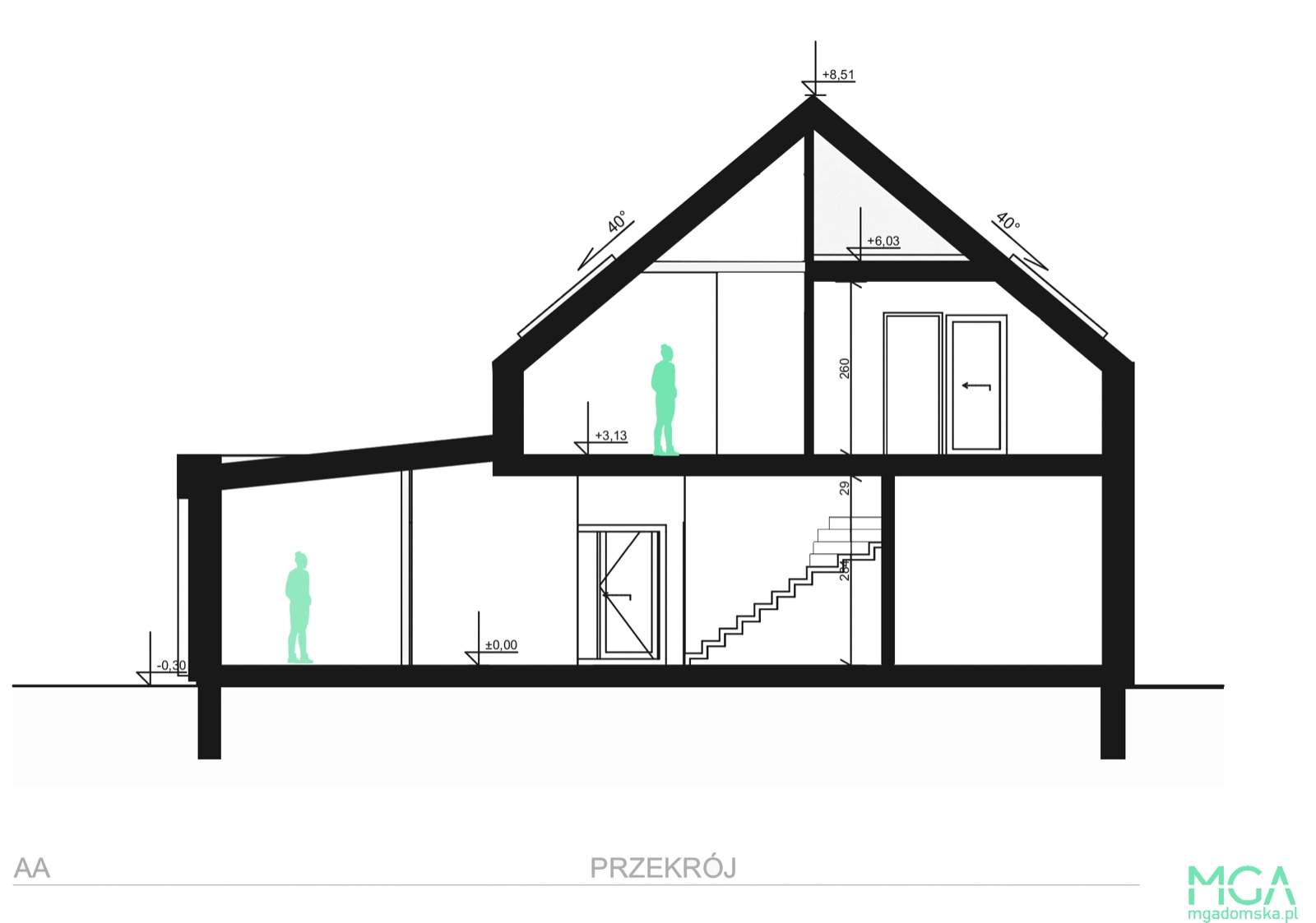 Pionowy przekrój architektoniczny A-A – dwie kondygnacje, asymetryczny dach o nachyleniu 40°, klatka schodowa