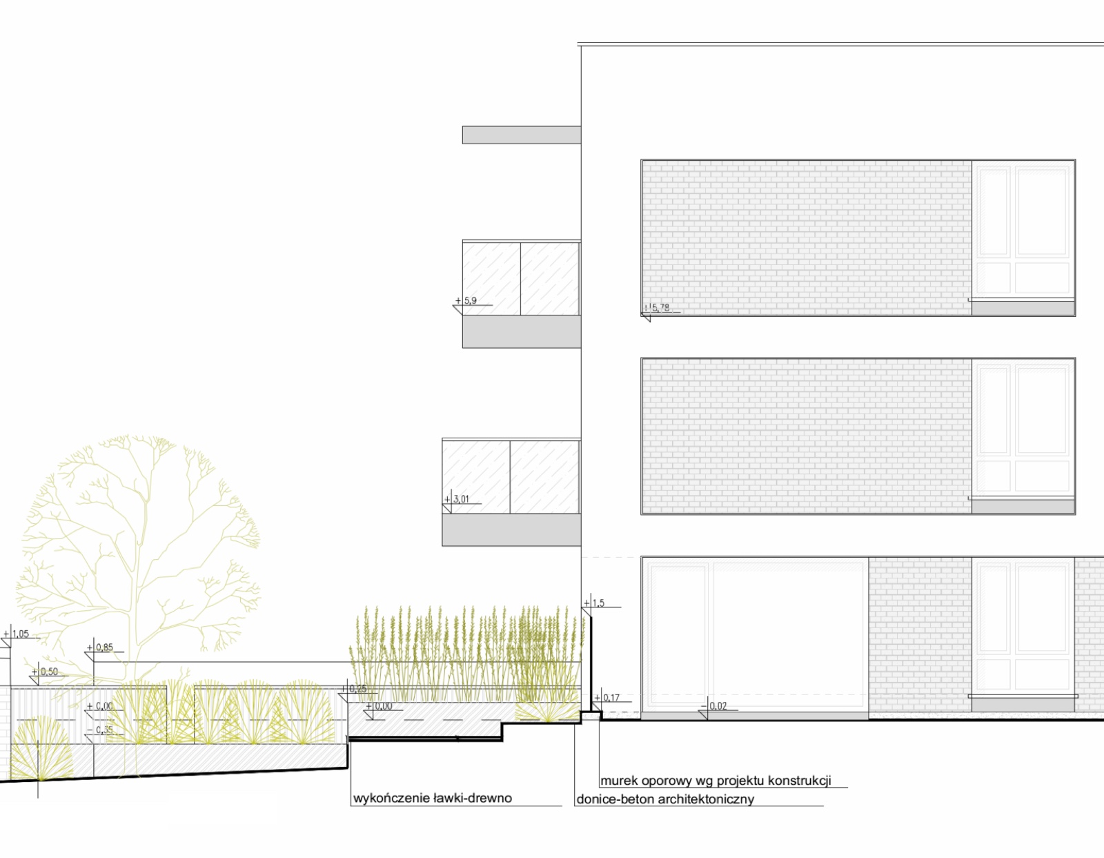 Detal projektu elewacji - murek oporowy, donice z betonu architektonicznego i wbudowana drewniana ławka
