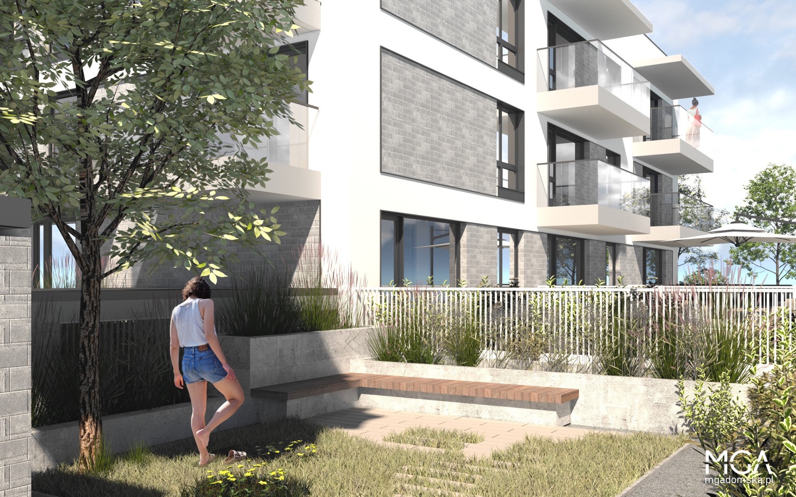 Rysunek techniczny elewacji północno-zachodniej z zadaszeniem z oświetleniem liniowym i bramą garażową wykończoną betonem architektonicznym